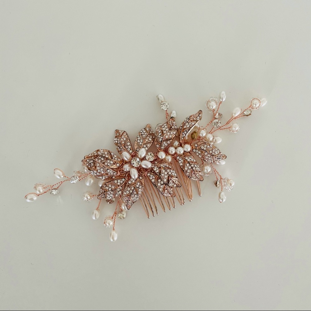 Wedding Bridal Hair Clip Rose Gold w/ Pearls